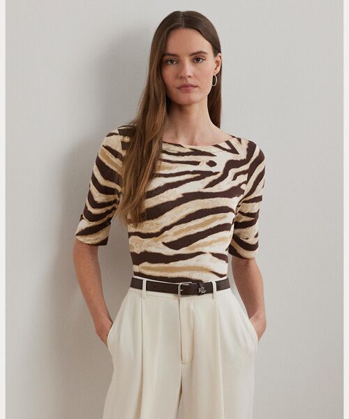LAUREN RALPH LAUREN/ローレン ラルフ ローレン ゼブラプリント ストレッチ コットン ボートネック Tシャツ 100ホワイト S LAUREN RALPH LAUREN/ローレン ラルフ ローレン ゼブラプリント ストレッチ コットン ボートネック Tシャツ 100ホワイト S