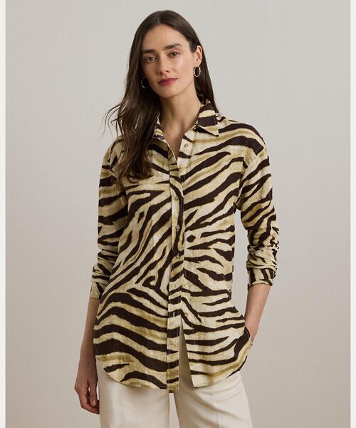 LAUREN RALPH LAUREN/ローレン ラルフ ローレン リラックス フィット ゼブラプリント リネン シャツ 100ホワイト XS LAUREN RALPH LAUREN/ローレン ラルフ ローレン リラックス フィット ゼブラプリント リネン シャツ 100ホワイト XS