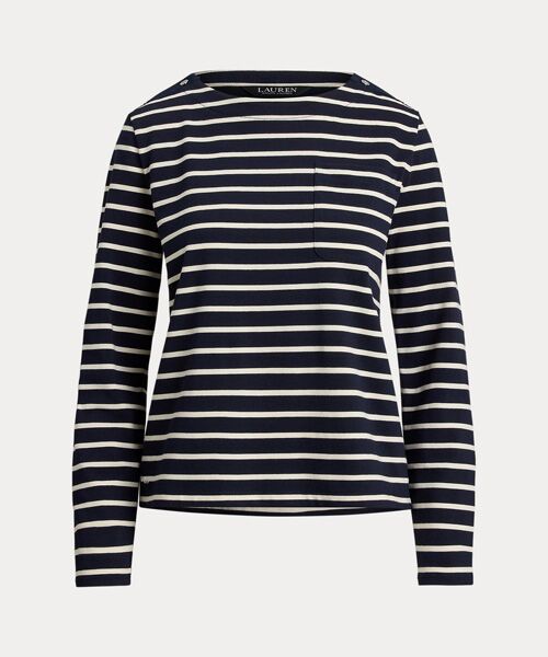 LAUREN RALPH LAUREN / ローレン ラルフ ローレン Tシャツ | ストライプド ジャージー スナップトリム ボートネック トップス | 詳細1