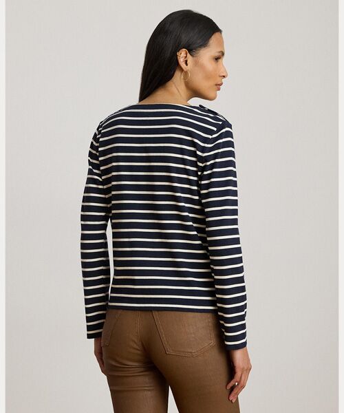 LAUREN RALPH LAUREN / ローレン ラルフ ローレン Tシャツ | ストライプド ジャージー スナップトリム ボートネック トップス | 詳細3