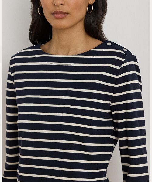 LAUREN RALPH LAUREN / ローレン ラルフ ローレン Tシャツ | ストライプド ジャージー スナップトリム ボートネック トップス | 詳細4