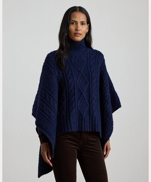 LAUREN RALPH LAUREN/ローレン ラルフ ローレン ボタントリム ケーブルニット モックネック ポンチョ 410ネイビー ONE LAUREN RALPH LAUREN/ローレン ラルフ ローレン ボタントリム ケーブルニット モックネック ポンチョ 410ネイビー ONE