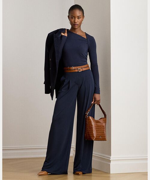 LAUREN RALPH LAUREN/ローレン ラルフ ローレン プリーテッド ストレッチ ジャージー ワイドレッグ パンツ 410ネイビー 4 LAUREN RALPH LAUREN/ローレン ラルフ ローレン プリーテッド ストレッチ ジャージー ワイドレッグ パンツ 410ネイビー 4