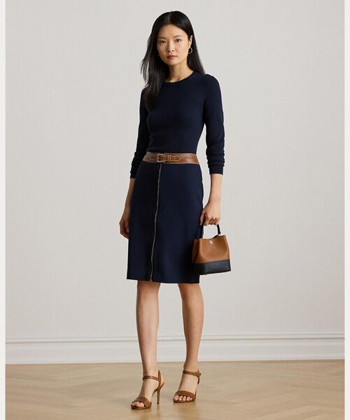LAUREN RALPH LAUREN/ローレン ラルフ ローレン フェイクレザートリム ポンチ ペンシル スカート 410ネイビー 0 LAUREN RALPH LAUREN/ローレン ラルフ ローレン フェイクレザートリム ポンチ ペンシル スカート 410ネイビー 0