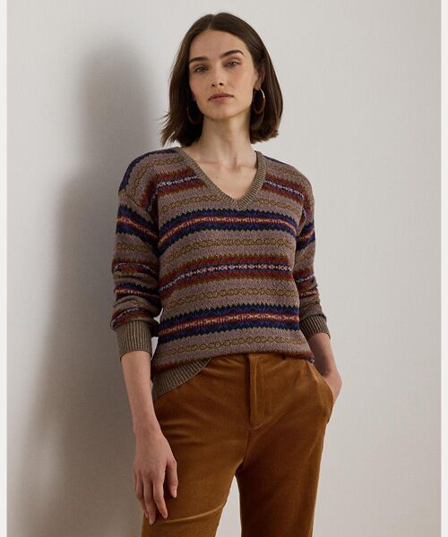 LAUREN RALPH LAUREN/ローレン ラルフ ローレン フェア アイル コットンリネン Vネック セーター 230ブラウン S