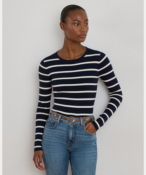 LAUREN RALPH LAUREN/ローレン ラルフ ローレン ストライプド リブニット クルーネック セーター 410ネイビー M LAUREN RALPH LAUREN/ローレン ラルフ ローレン ストライプド リブニット クルーネック セーター 410ネイビー M