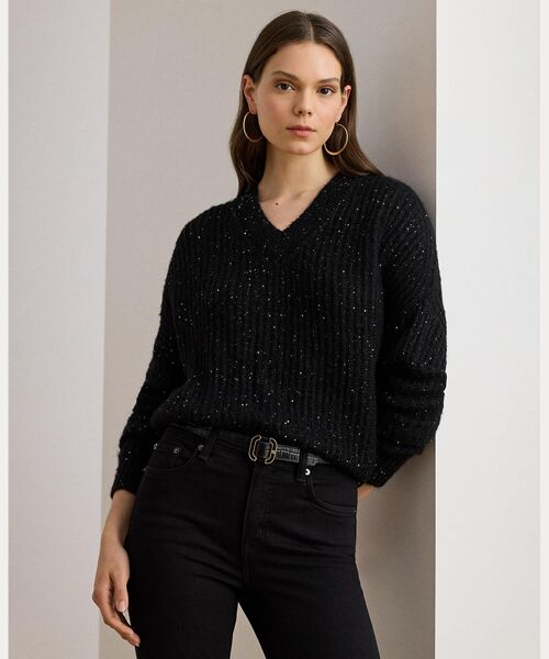 LAUREN RALPH LAUREN/ローレン ラルフ ローレン シークイン リブニット Vネック セーター 001ブラック M