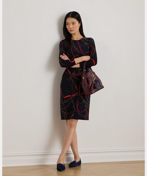 LAUREN RALPH LAUREN / ローレン ラルフ ローレン ミニ丈・ひざ丈ワンピース | プリント ジャージー スリークォータースリーブ ドレス（410ネイビー）