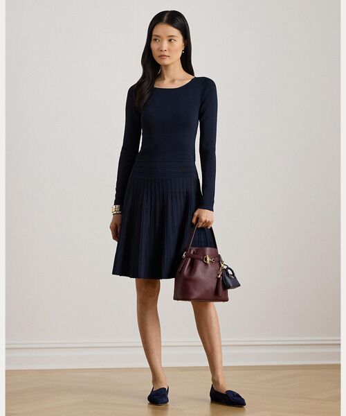 LAUREN RALPH LAUREN / ローレン ラルフ ローレン ミニ丈・ひざ丈ワンピース | プリーテッド フィット & フレア ボートネック ドレス(410ネイビー)