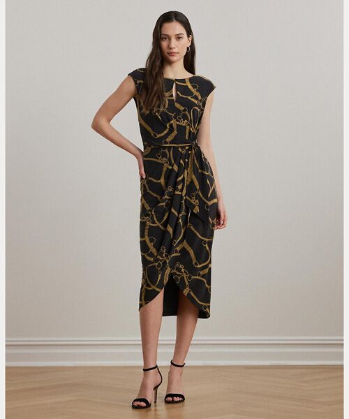 LAUREN RALPH LAUREN / ローレン ラルフ ローレン ミニ丈・ひざ丈ワンピース | ベルティングプリント ジャージー タイフロント ドレス(001ブラック)