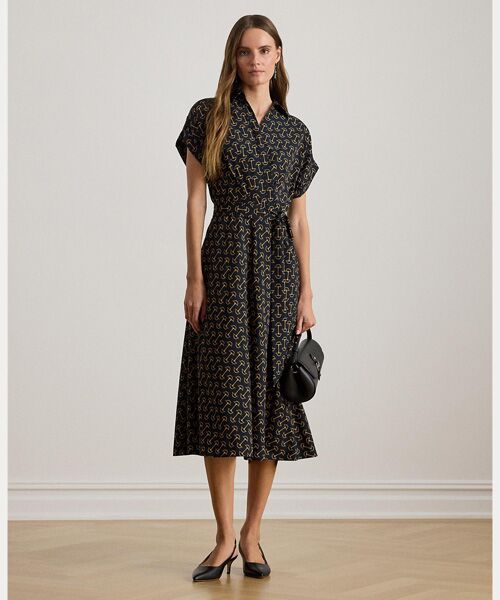 LAUREN RALPH LAUREN / ローレン ラルフ ローレン ロング・マキシ丈ワンピース | ジオプリント ベルテッド クレープ ドレス（410ネイビー）