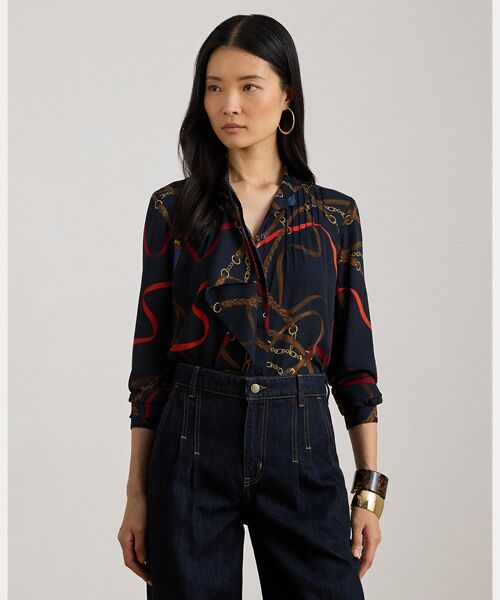 LAUREN RALPH LAUREN / ローレン ラルフ ローレン シャツ・ブラウス | プリント フリルトリム ジョーゼット シャツ(410ネイビー)