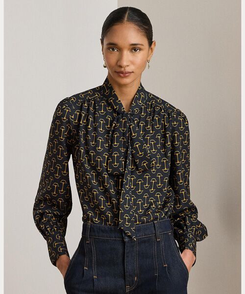 LAUREN RALPH LAUREN / ローレン ラルフ ローレン シャツ・ブラウス | ジオプリント クレープ タイネック ブラウス(410ネイビー)