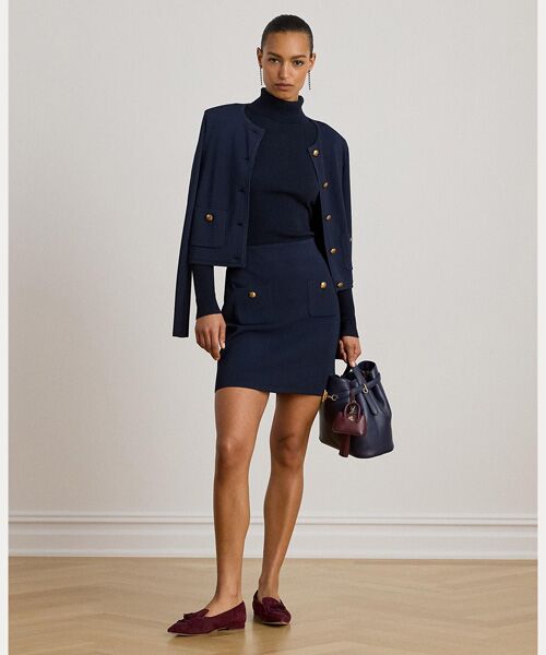 LAUREN RALPH LAUREN / ローレン ラルフ ローレン ミニ・ひざ丈スカート | ボタントリム セーター ペンシル ミニスカート（410ネイビー）