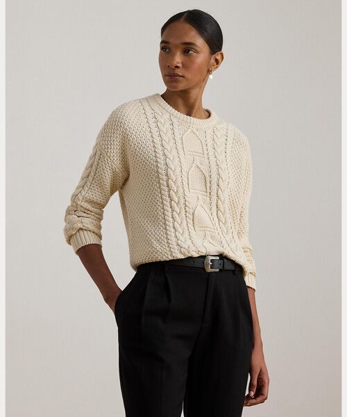 LAUREN RALPH LAUREN / ローレン ラルフ ローレン ニット・セーター | ケーブルニット コットン クルーネック セーター（101ナチュラル）