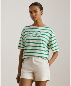 LAUREN RALPH LAUREN / ローレン ラルフ ローレン Tシャツ | ストライプド ビーデッドロゴ コットン ジャージー Tシャツ