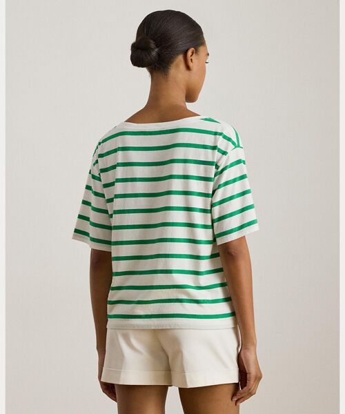 LAUREN RALPH LAUREN / ローレン ラルフ ローレン Tシャツ | ストライプド ビーデッドロゴ コットン ジャージー Tシャツ | 詳細3