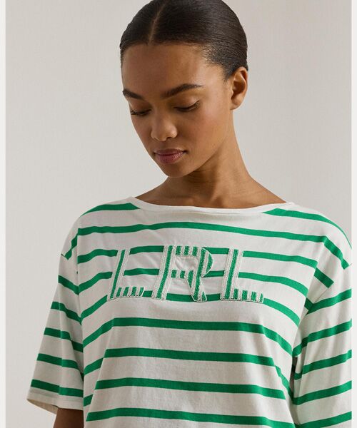 LAUREN RALPH LAUREN / ローレン ラルフ ローレン Tシャツ | ストライプド ビーデッドロゴ コットン ジャージー Tシャツ | 詳細4