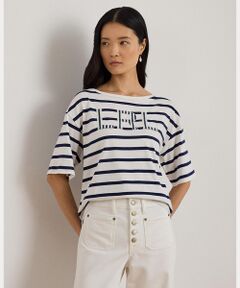 LAUREN RALPH LAUREN / ローレン ラルフ ローレン Tシャツ | ストライプド ビーデッドロゴ コットン ジャージー Tシャツ