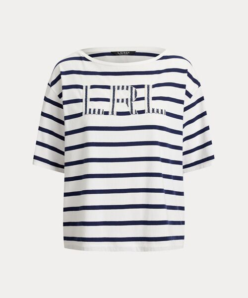 LAUREN RALPH LAUREN / ローレン ラルフ ローレン Tシャツ | ストライプド ビーデッドロゴ コットン ジャージー Tシャツ | 詳細1