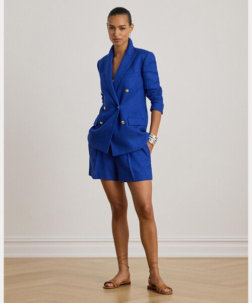 LAUREN RALPH LAUREN / ローレン ラルフ ローレン ショート・ハーフ・半端丈パンツ | プリーテッド リネンコットン ヘリンボーン ショートパンツ(400ブルー)