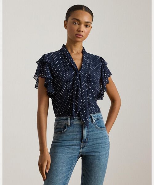 LAUREN RALPH LAUREN / ローレン ラルフ ローレン シャツ・ブラウス | ポルカドット ジョーゼット タイネック ブラウス（410ネイビー）