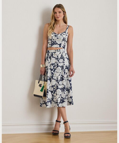 LAUREN RALPH LAUREN / ローレン ラルフ ローレン ミニ・ひざ丈スカート | フローラル ボタンフロント リネン ミディ スカート（100ホワイト）