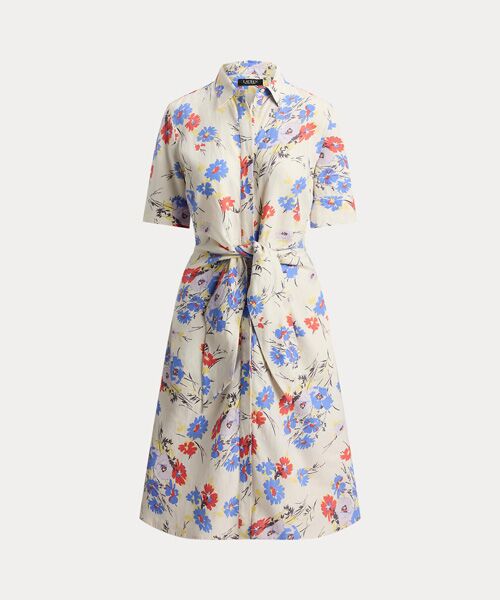 LAUREN RALPH LAUREN / ローレン ラルフ ローレン ミニ丈・ひざ丈ワンピース | フローラル タイフロント リネン シャツドレス | 詳細1