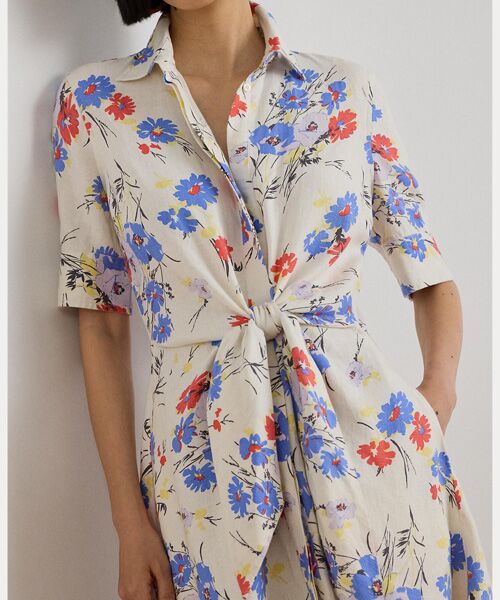 LAUREN RALPH LAUREN / ローレン ラルフ ローレン ミニ丈・ひざ丈ワンピース | フローラル タイフロント リネン シャツドレス | 詳細4