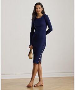 LAUREN RALPH LAUREN / ローレン ラルフ ローレン ミニ丈・ひざ丈ワンピース | ボタントリム リブ コットンブレンド ドレス