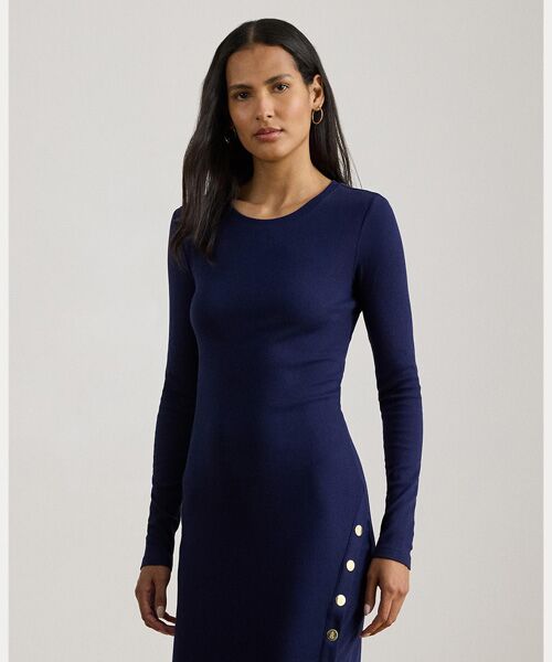 LAUREN RALPH LAUREN / ローレン ラルフ ローレン ミニ丈・ひざ丈ワンピース | ボタントリム リブ コットンブレンド ドレス | 詳細2