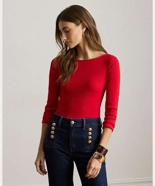 LAUREN RALPH LAUREN / ローレン ラルフ ローレン Tシャツ | リブニット コットンブレンド ボートネック Tシャツ（600レッド）