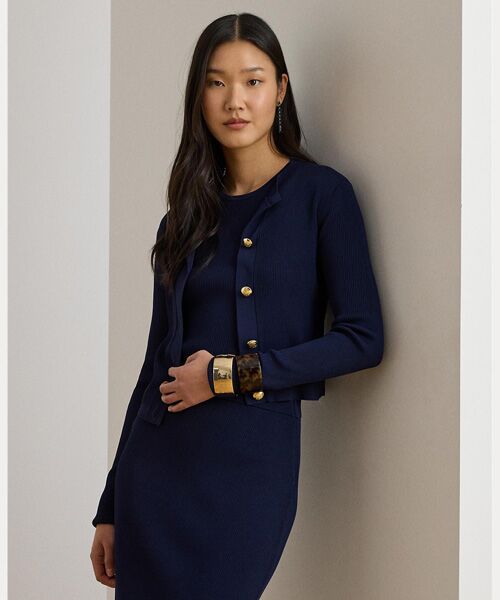 LAUREN RALPH LAUREN / ローレン ラルフ ローレン カーディガン・ボレロ | リブニット クルーネック カーディガン（410ネイビー）