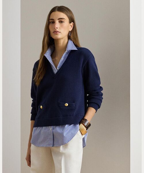 LAUREN RALPH LAUREN / ローレン ラルフ ローレン ニット・セーター | レイヤード ボタントリム コットン セーター（999マルチカラー）