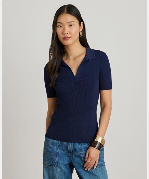 LAUREN RALPH LAUREN / ローレン ラルフ ローレン ニット・セーター | リブニット ショートスリーブ ポロ セーター（410ネイビー）