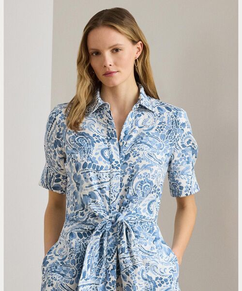 LAUREN RALPH LAUREN / ローレン ラルフ ローレン ミニ丈・ひざ丈ワンピース | ペイズリー タイフロント リネン シャツドレス | 詳細2