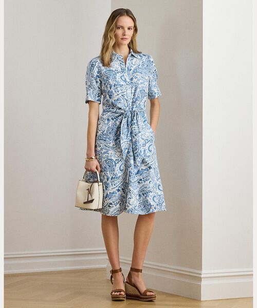 LAUREN RALPH LAUREN / ローレン ラルフ ローレン ミニ丈・ひざ丈ワンピース | ペイズリー タイフロント リネン シャツドレス(100ホワイト)
