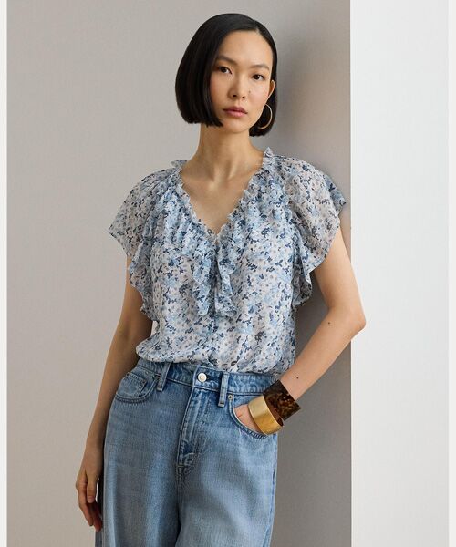 LAUREN RALPH LAUREN / ローレン ラルフ ローレン シャツ・ブラウス | フローラル フリルトリム ジョーゼット ブラウス（100ホワイト）