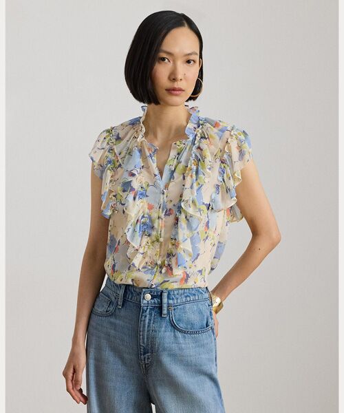 LAUREN RALPH LAUREN / ローレン ラルフ ローレン シャツ・ブラウス | フローラル フリルトリム ジョーゼット シャツ（400ブルー）