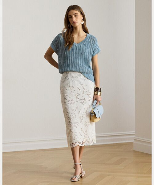 LAUREN RALPH LAUREN / ローレン ラルフ ローレン ロング・マキシ丈スカート | ペイズリーアイレット コットン ミディ ペンシル スカート（100ホワイト）