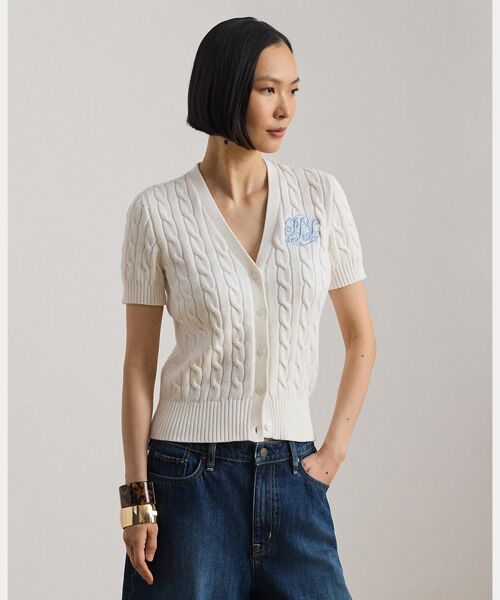 LAUREN RALPH LAUREN / ローレン ラルフ ローレン カーディガン・ボレロ | ケーブルニット コットン ショートスリーブ カーディガン（100ホワイト）