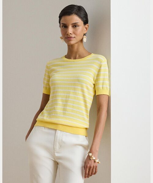 LAUREN RALPH LAUREN / ローレン ラルフ ローレン ニット・セーター | ストライプド コットン ショートスリーブ セーター（100ホワイト）