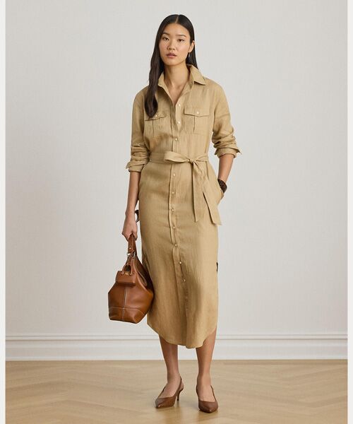 LAUREN RALPH LAUREN / ローレン ラルフ ローレン ロング・マキシ丈ワンピース | ベルテッド リネン ミディ シャツドレス(270ブラウン)
