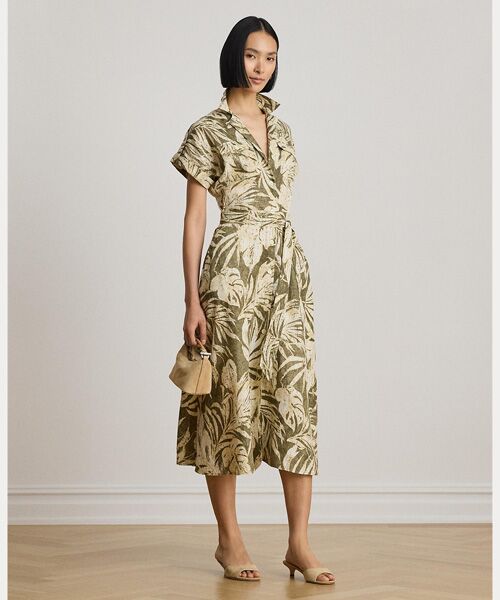 LAUREN RALPH LAUREN / ローレン ラルフ ローレン ロング・マキシ丈ワンピース | パームフロンドプリント リネン キャンプ シャツドレス(310グリーン)