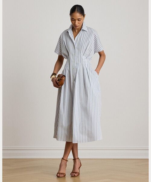 LAUREN RALPH LAUREN / ローレン ラルフ ローレン ロング・マキシ丈ワンピース | ストライプド プリーテッド ブロードクロス シャツドレス(400ブルー)