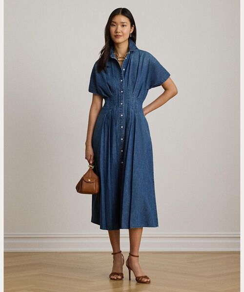 LAUREN RALPH LAUREN / ローレン ラルフ ローレン ロング・マキシ丈ワンピース | プリーテッド デニム シャツドレス(400ブルー)