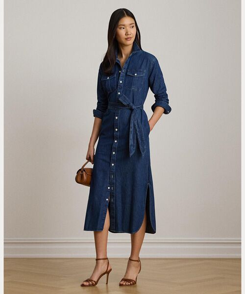 LAUREN RALPH LAUREN / ローレン ラルフ ローレン ロング・マキシ丈ワンピース | ベルテッド デニム ミディ シャツドレス(400ブルー)