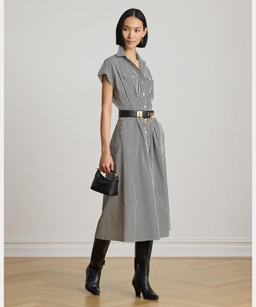 LAUREN RALPH LAUREN / ローレン ラルフ ローレン ロング・マキシ丈ワンピース | ストライプド プリーテッド ブロードクロス シャツドレス(001ブラック)