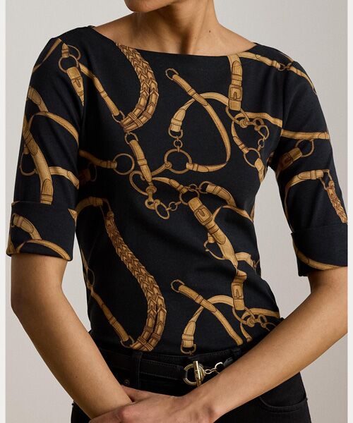 LAUREN RALPH LAUREN / ローレン ラルフ ローレン Tシャツ | ベルティングプリント コットン ボートネック Tシャツ | 詳細4