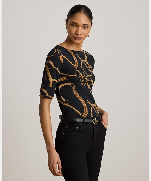 LAUREN RALPH LAUREN / ローレン ラルフ ローレン Tシャツ | ベルティングプリント コットン ボートネック Tシャツ（001ブラック）
